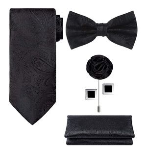 Mens 5pc Paisley Neck Tie Bow Lapel Cuff Links Set